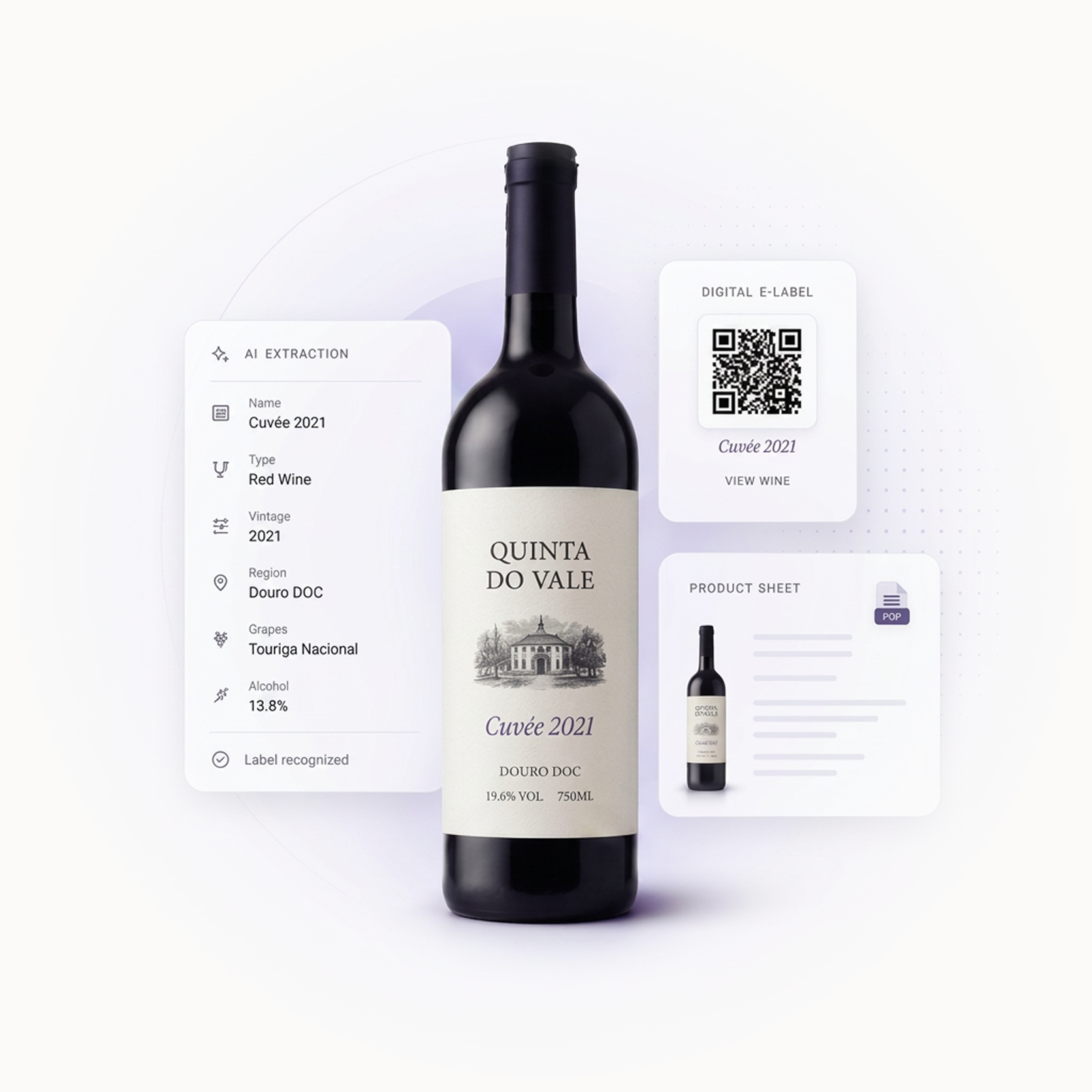 Wine bottle with AI-extracted details, digital e-label QR code and product sheet